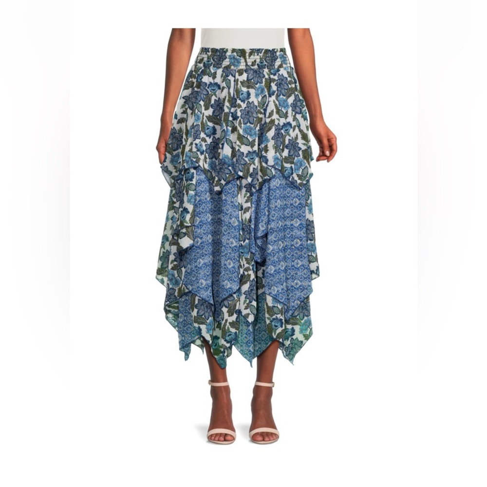MISA LOS ANGELES Zoe Floral Asymmetrical Tiered Midi Skirt